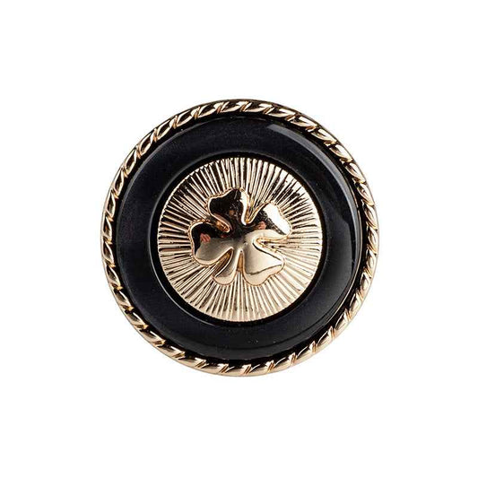 Black resin button with four-leaf clover design, gold border and metal shank