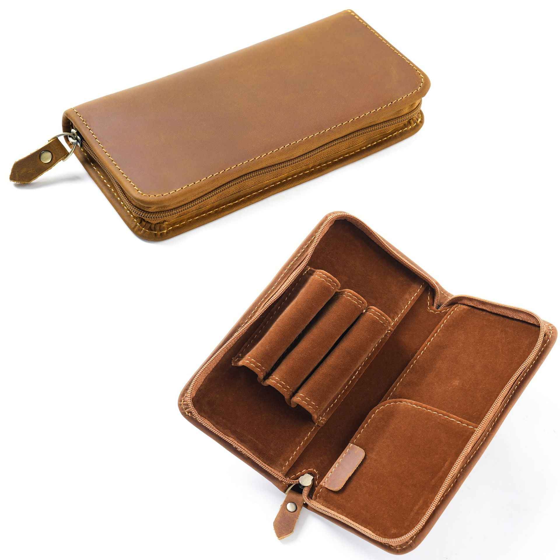 Crazy Horse Leather Fountain Pen Pouch Full-Grain Cowhide Zipper Case Brown