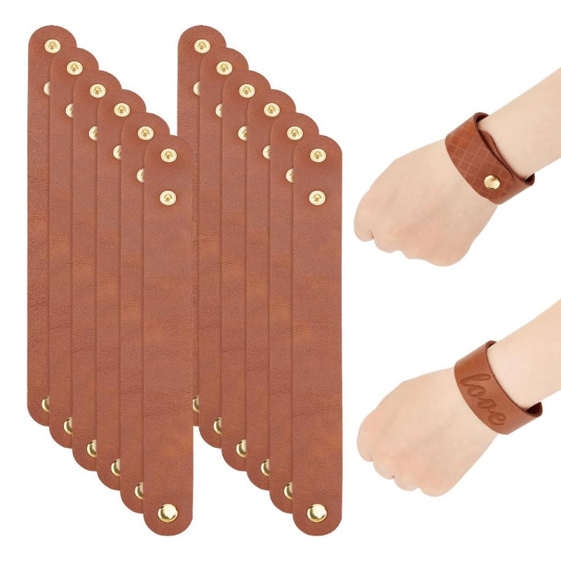 Adjustable PU Leather Bracelet DIY Engravable Wristbands 12 Pack Brown