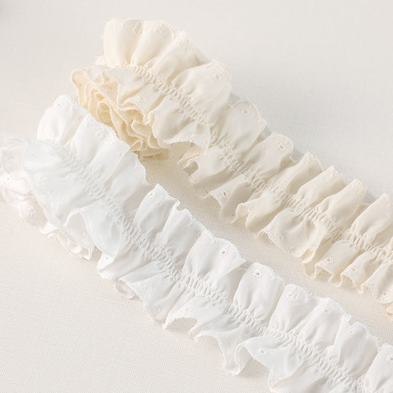 White 3D cotton pleated lace trim, gathered ruffle strips with small eyelet patterns