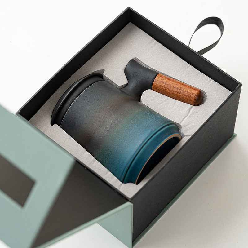Gradient Tea Cup Mug with Infuser and Lid, 14.5oz Wood Handle