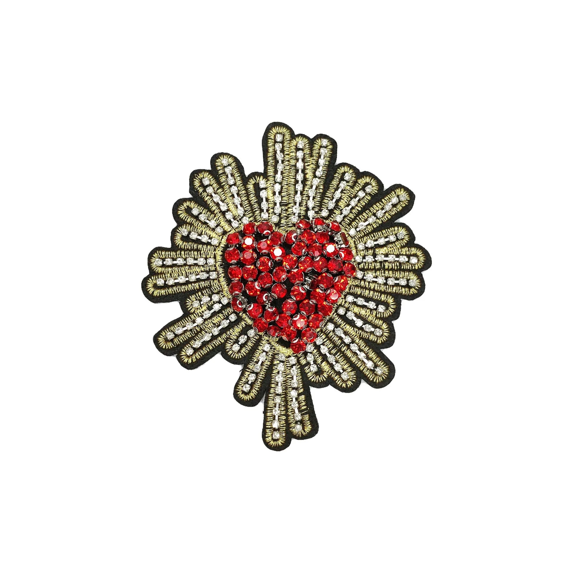 Red heart burst appliqué with gold-and-black stitched petals and crystal-like sequin center