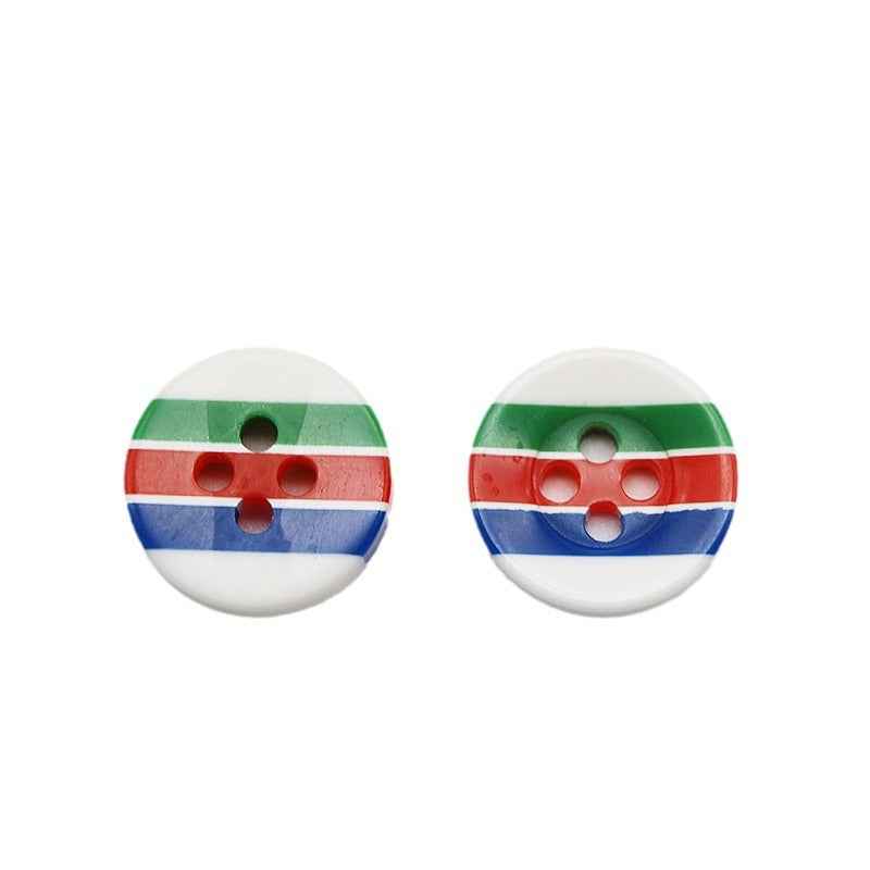 Round resin buttons with 4 holes, candy stripes: green, red, blue on white