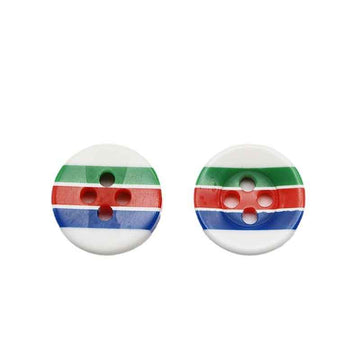 Round resin buttons with 4 holes, candy stripes: green, red, blue on white