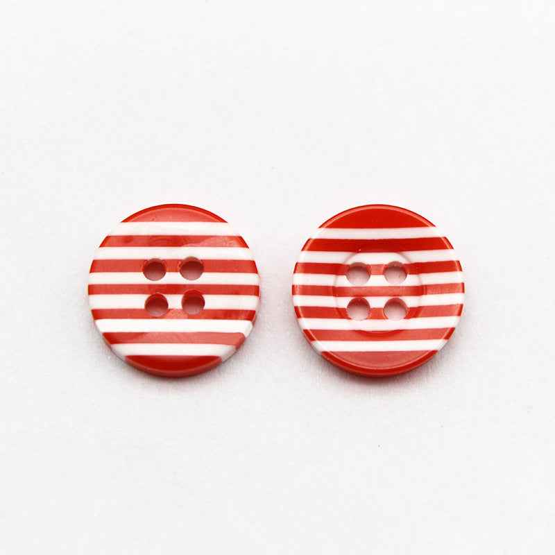 11,5-mm Harzknöpfe, rot-weiß gestreift, rund, 4 Löcher