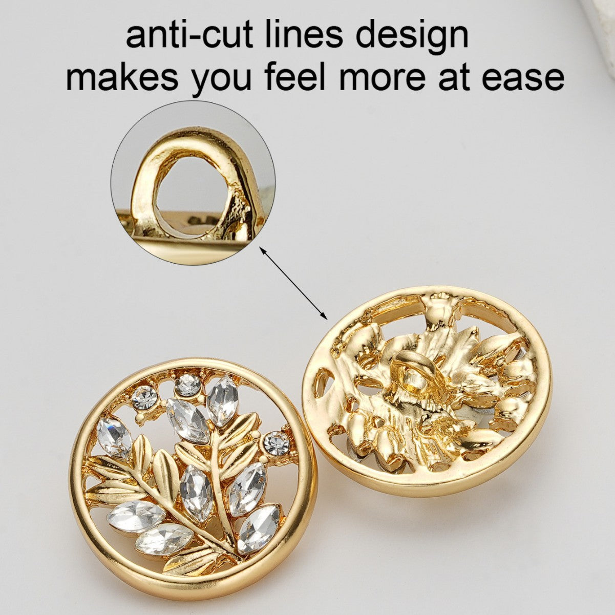 Gold round crystal flower metal shank button with hollow center detail
