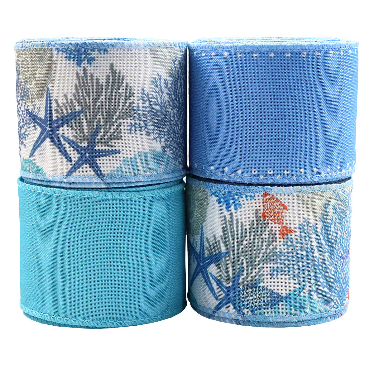 Blue coral reef grosgrain ribbon with wire edge, two rolled spools in 4-pack