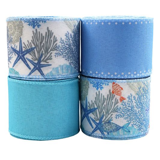 63mm/2.5 Inch Blue Coral Reef Grosgrain Ribbon with Wire Edge 4 Pack