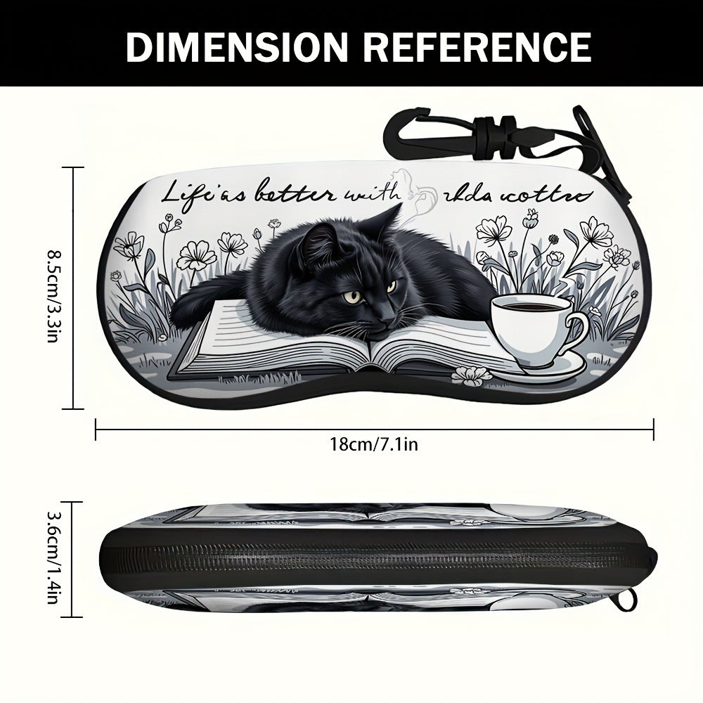 Coffee Cup & Black Cat Glasses Case Eyewear Pouch with Keychain 2pcs