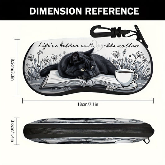 Coffee Cup & Black Cat Glasses Case Eyewear Pouch with Keychain 2pcs