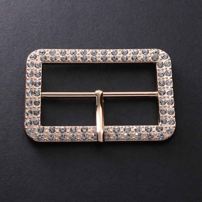 Crystal-studded square belt buckle adjuster, gold-toned bar with center loop