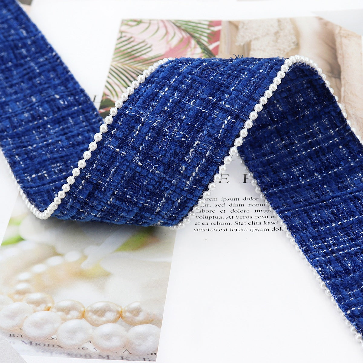 Royal blue checkered flannel ribbon with white bead edge, 38 mm width