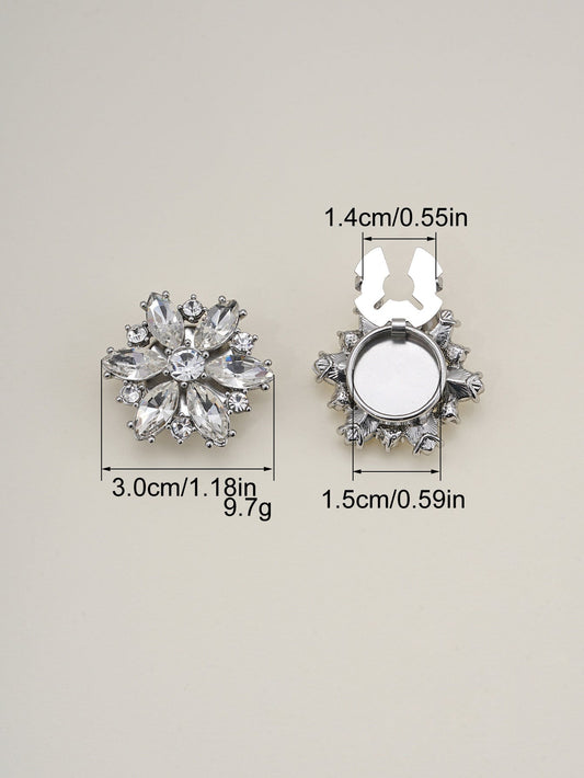 Silver crystal flower clamp button, detachable metal setting, round inner snap base