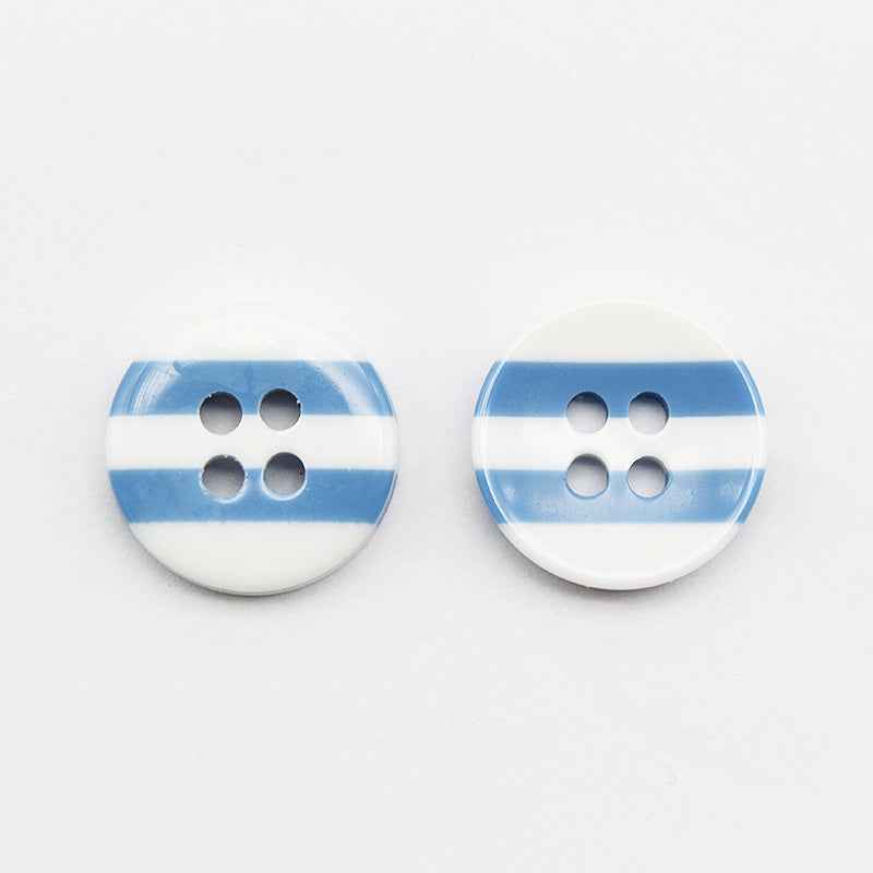 Striped resin 4-hole buttons, white bottom with blue horizontal bands