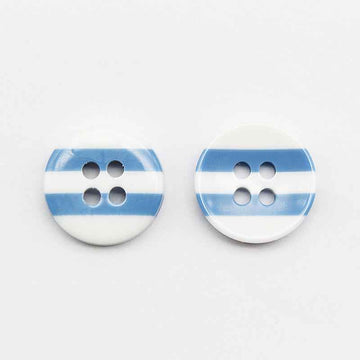 Striped resin 4-hole buttons, white bottom with blue horizontal bands