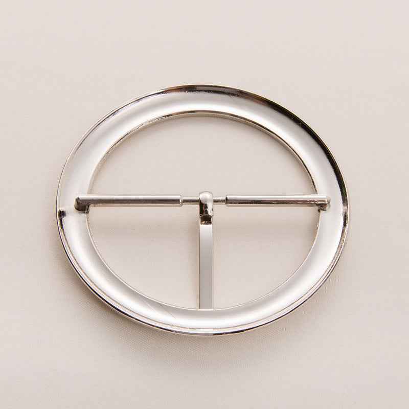 Round belt buckle, oversized 62mm, silver finish, front view of pin bars