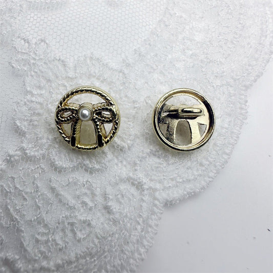 Gold French vintage hollow bow shirt button with faux pearl center, 11.5mm