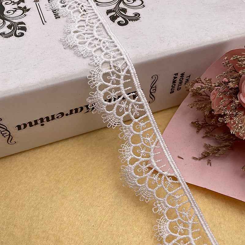 Milk silk lace trim, white ornamental floral lace border with scalloped edge