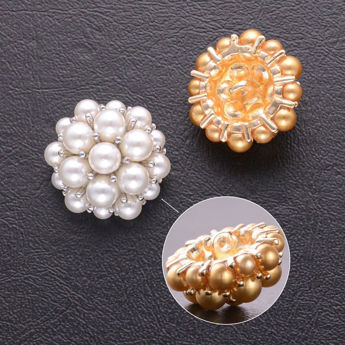 Floral 3D pearl metal buttons, white and gold-tone bead clusters