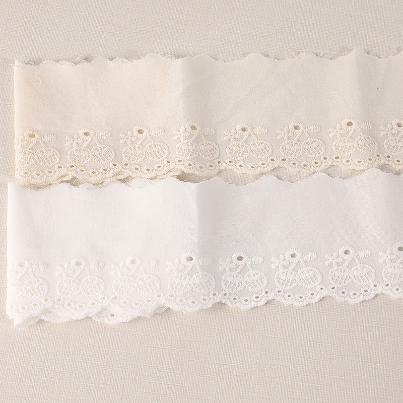 White cotton lace trim band with floral eyelet motifs and wavy edge
