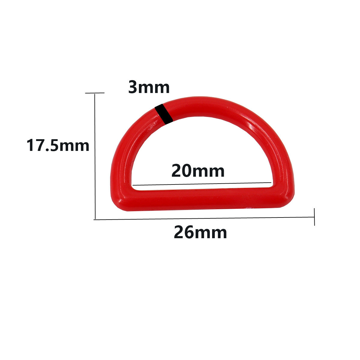 Red 1-inch plastic D-ring buckle with dimensions shown: 26 mm x 20 mm