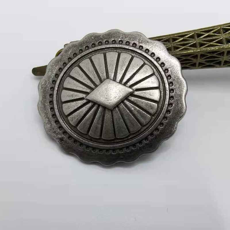 30x27mm antique silver rivet stud with sunburst rays and beaded border, pin backing view