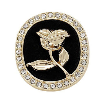 Black round rhinestone rose metal shank button with gold-tone crystal border