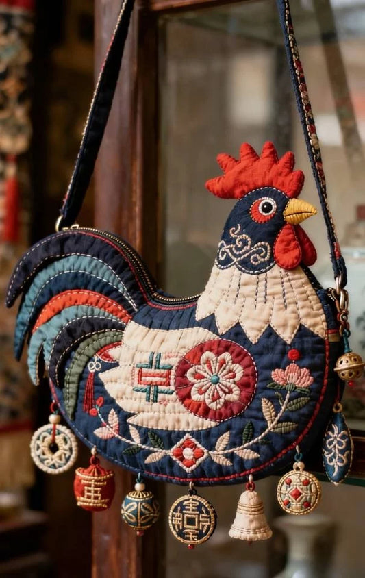 Handmade Rooster Embroidery Tote Bag – New Chinese Style Large-Capacity Fabric Shoulder Bag B