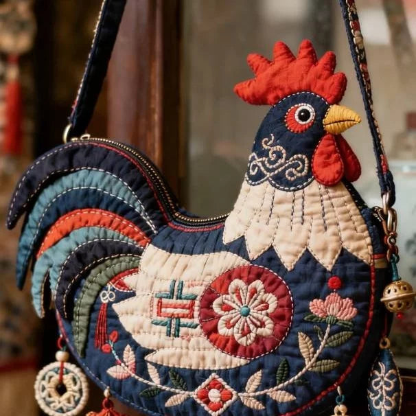 Handmade Rooster Embroidery Tote Bag – New Chinese Style Large-Capacity Fabric Shoulder Bag