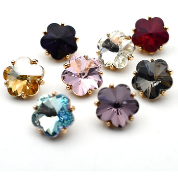 Small flower glass rhinestone shank buttons, mixed dark, pink, red, clear, blue colors with gold-tone backs