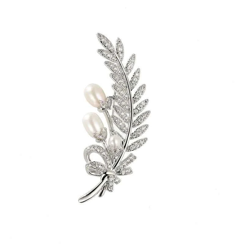 Silver wheat leaf brooch pin with zircon sparkle and natural pearl drop accents