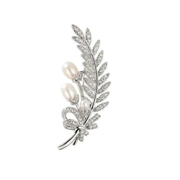 Silver wheat leaf brooch pin with zircon sparkle and natural pearl drop accents
