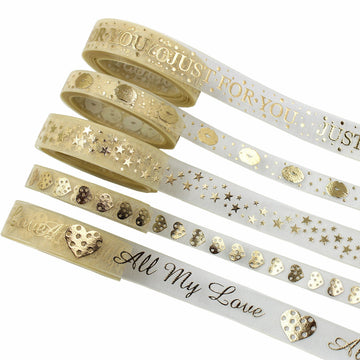 Gold foil on white gauze ribbon with “FOR YOU” and star accents, 16mm roll