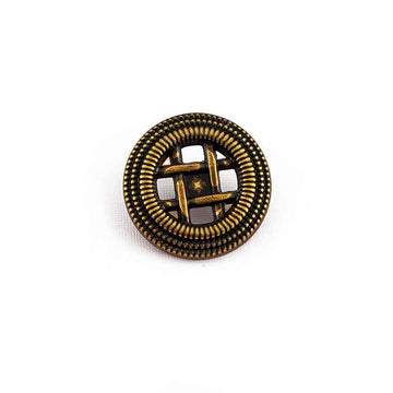 Round antique gold matte metal shank button with woven border and cross grille, front view.