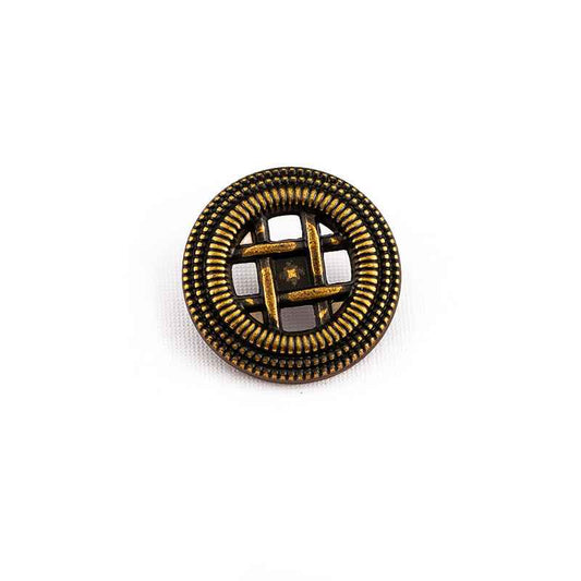 Round antique gold matte metal shank button with woven border and cross grille, front view.