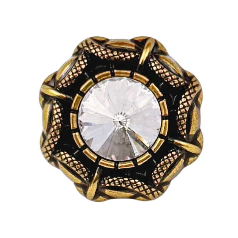 Vintage snake-edge button with white rhinestone center, antique-gold metal shank