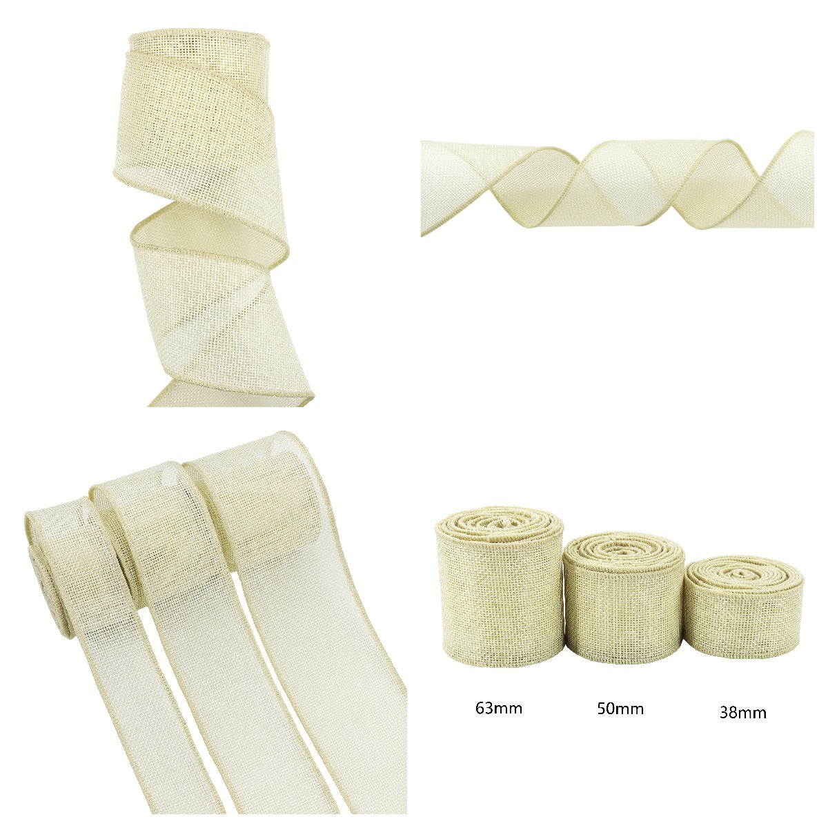 Cream cotton ribbon garden ties, 3 pack—38mm, 50mm, 63mm rolls.