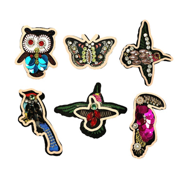 Handmade sequin fabric patch 6-pack with owl, butterfly and bird designs