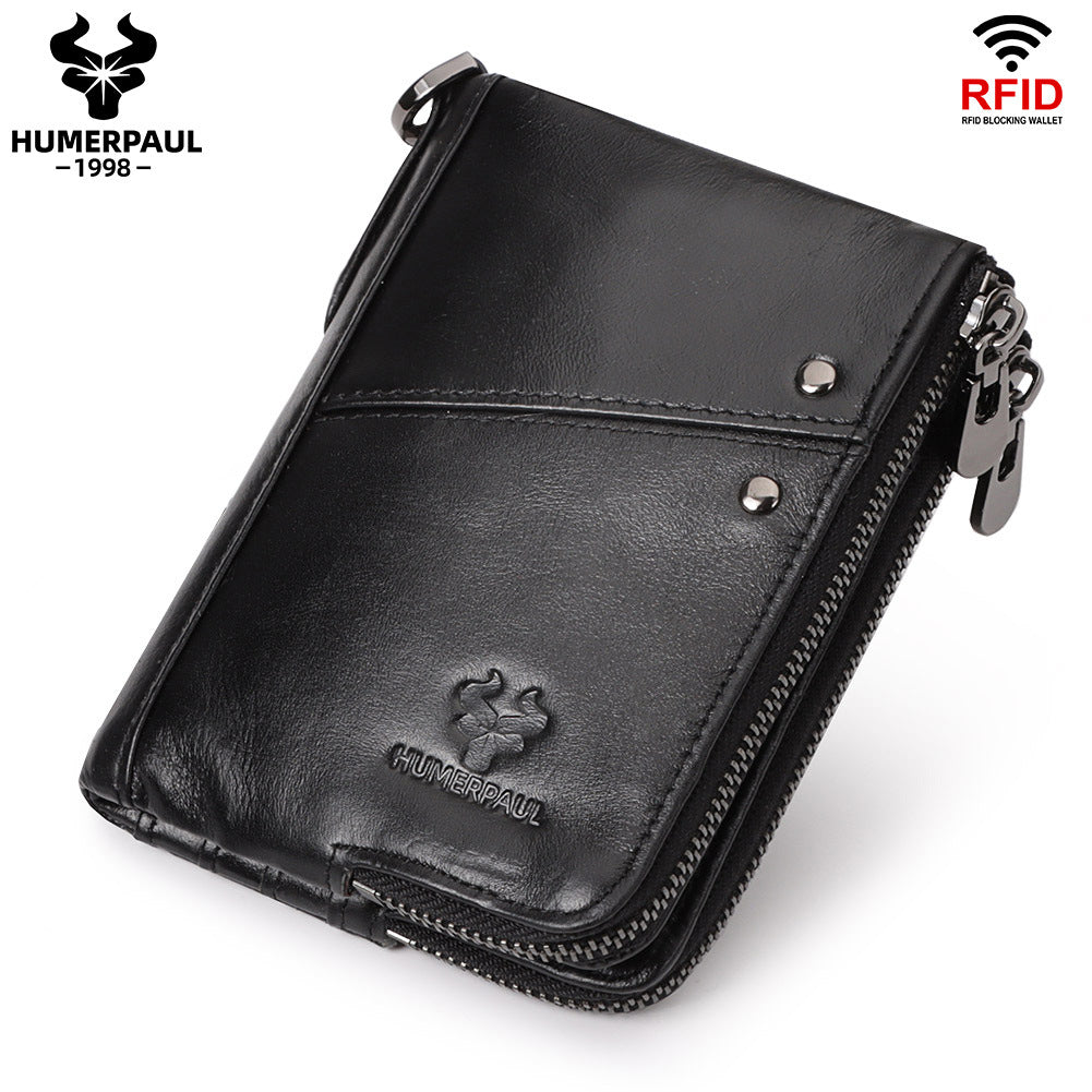 RFID Blocking Leather Short Wallet with Double Zipper Black