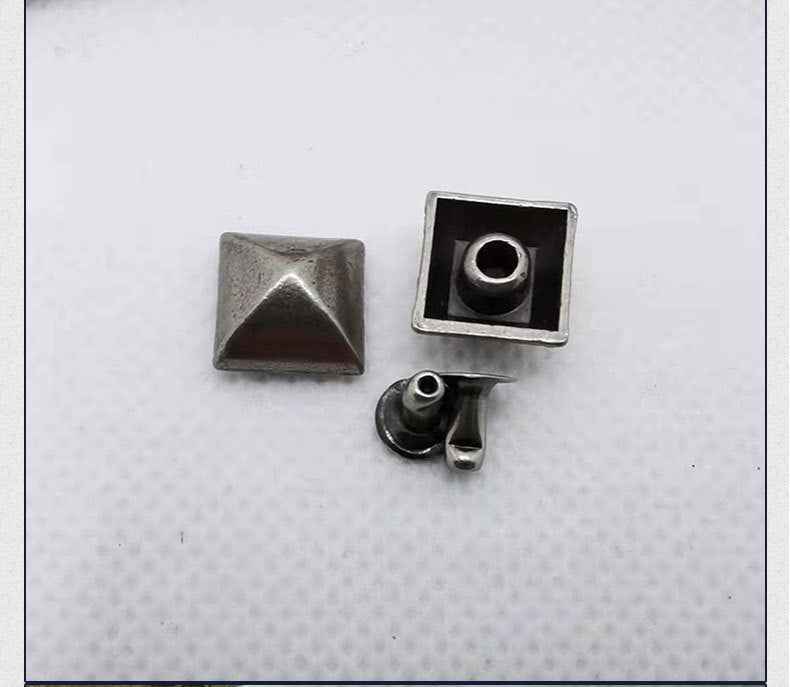 Silver pyramid stud rivets, square cap with central peak and prong backing
