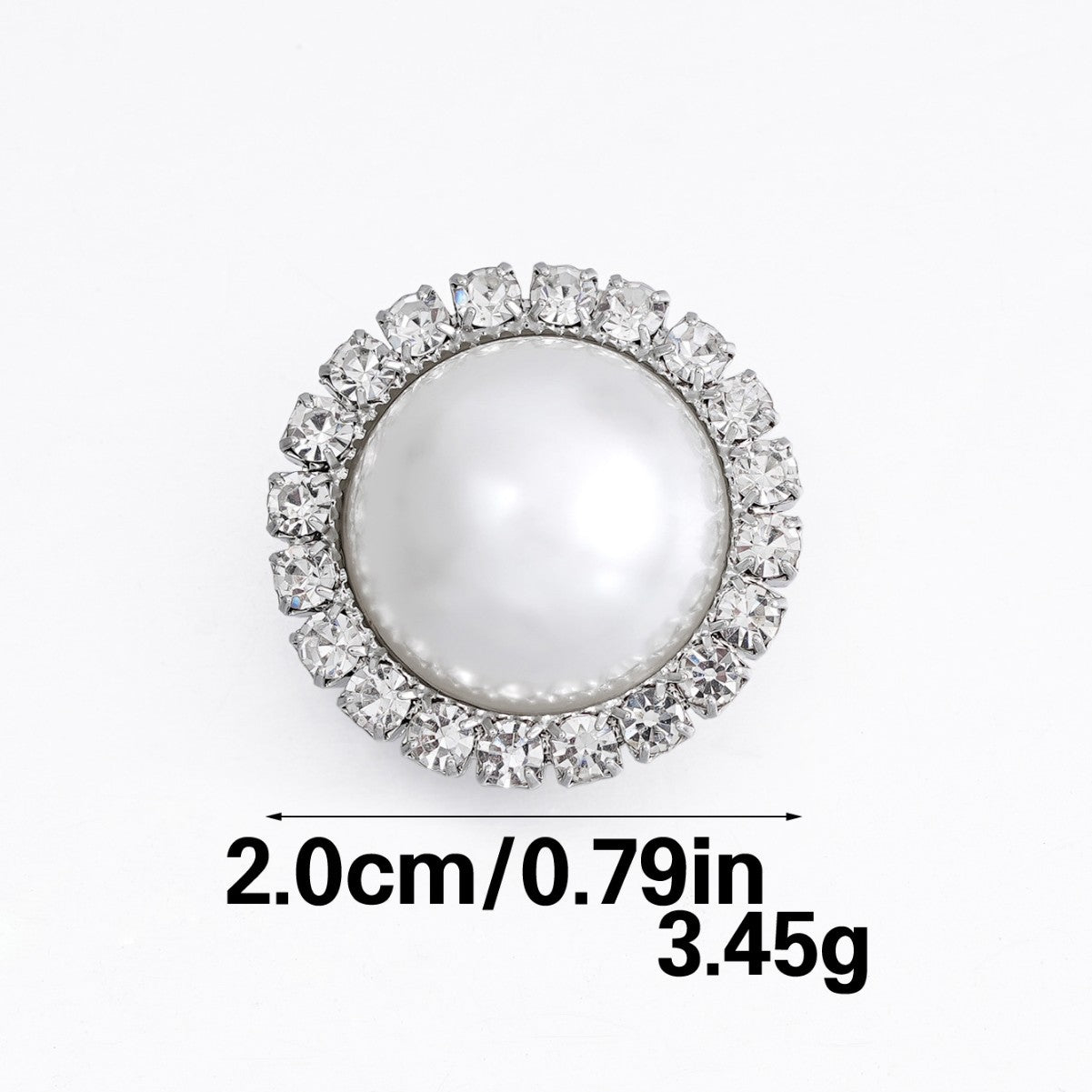 Round rhinestone clamp snap button with pearl center, silver-tone, 20 mm