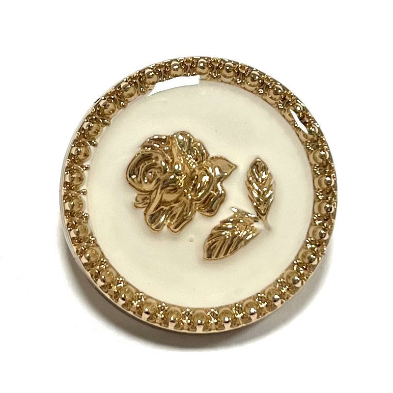 23mm round white resin rose shank button with gold rhinestone border and metal rose