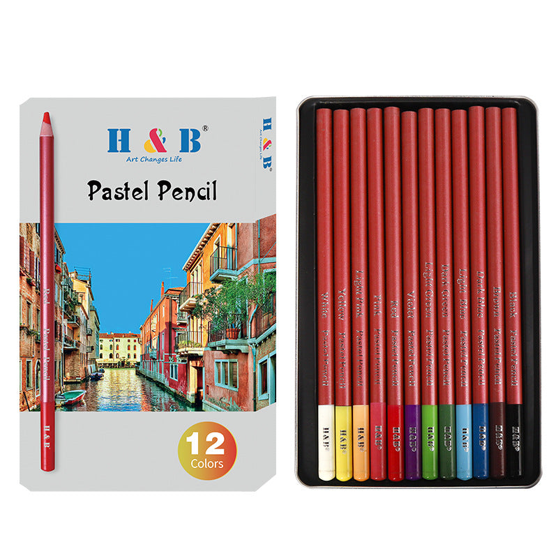H&B Pastel Pencils, 4mm Core, Metal Tin, 12 Count