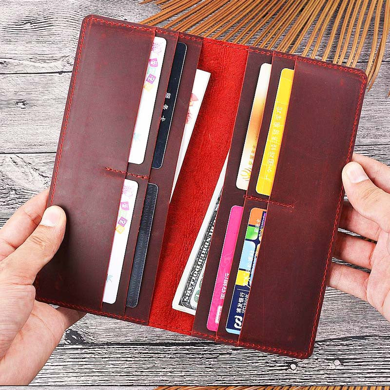 Handmade Crazy Horse Leather Long Wallet for Men Red