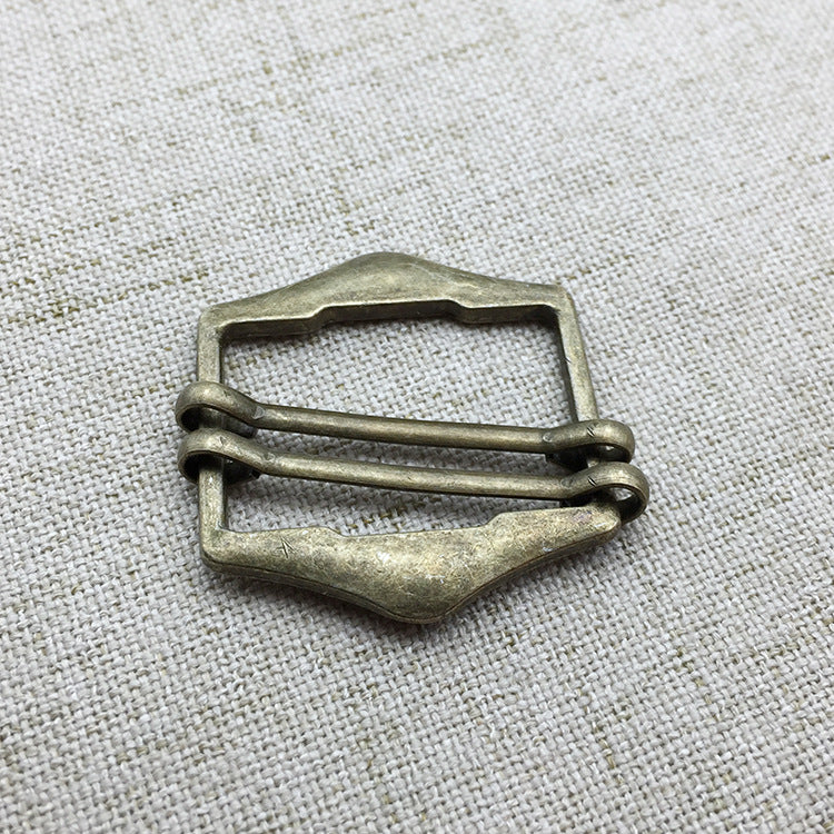 Metal belt buckle adjuster, gunmetal-toned finish with prong bar and frame