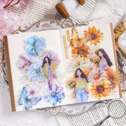 Holographic Floral PET Stickers Waterproof Journal Stickers 6 Pack