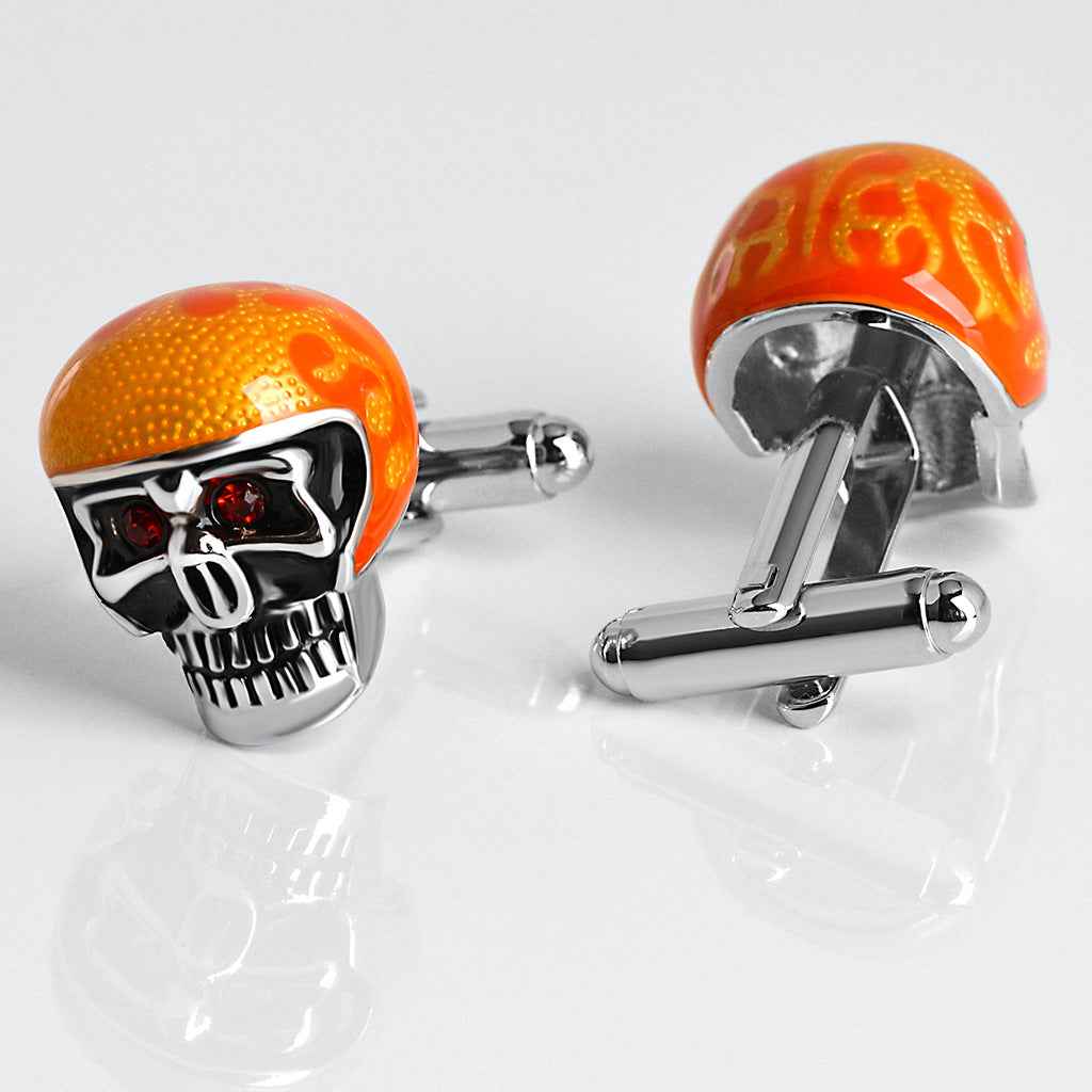Orange Skull-Manschettenknöpfe, Chrom-Fassung mit rotem Strass und silbernen Stiften