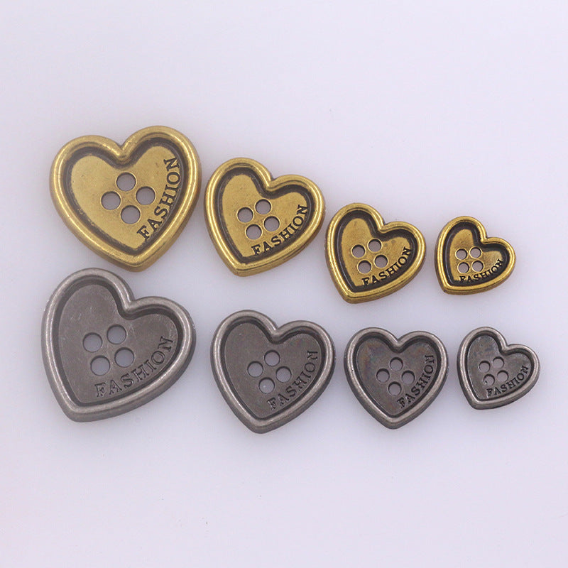 Heart-shaped metal buttons, four holes, gold and silver (assorted) for clothing