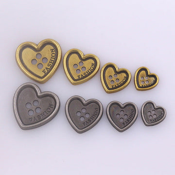 Heart-shaped metal buttons, four holes, gold and silver (assorted) for clothing