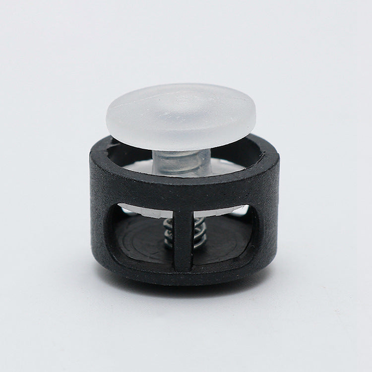 White top 17mm plastic cord lock toggle with spring, dark round housing